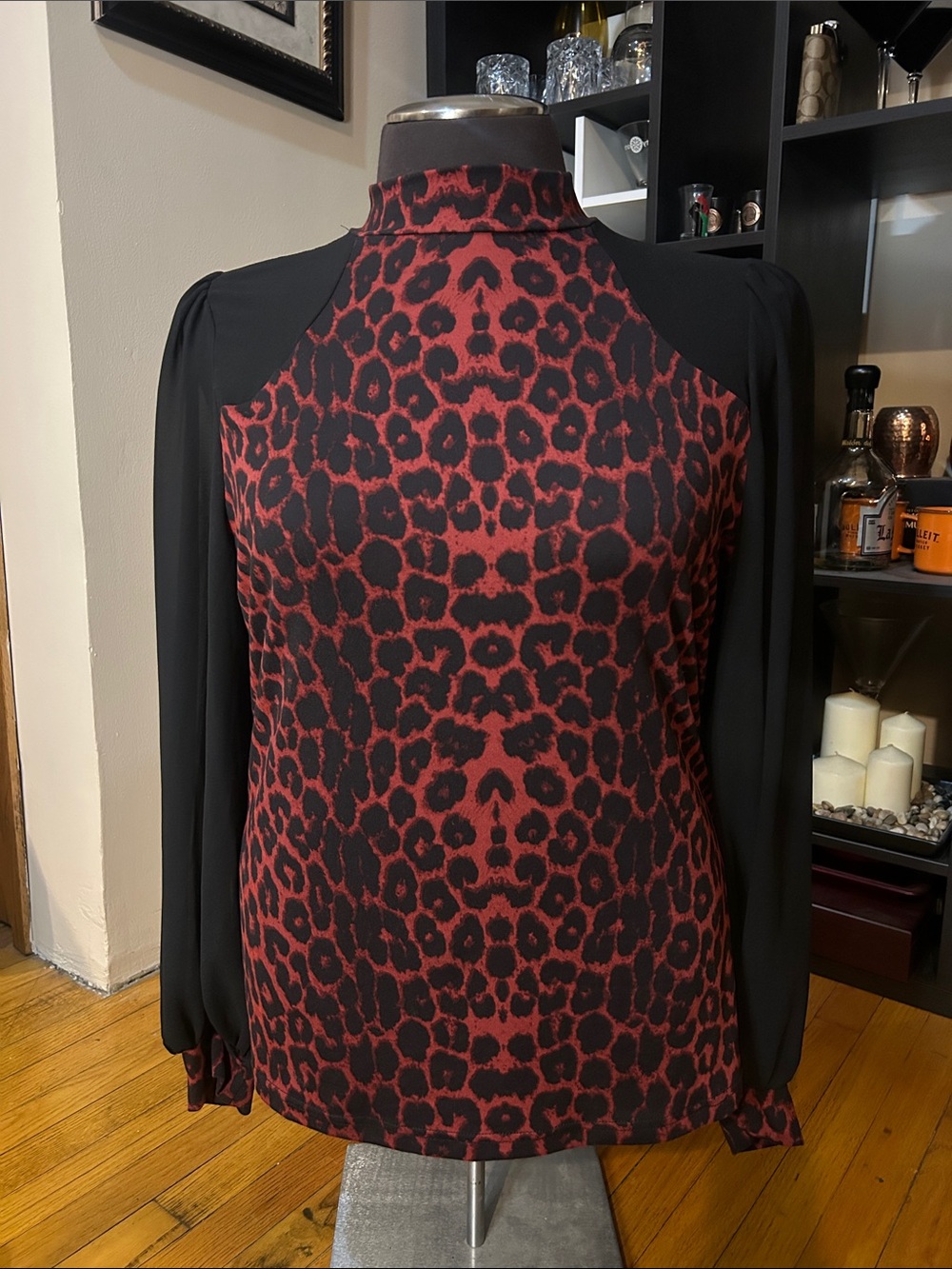 SHEIN Red and Black Leopard Print Mock Neck Blouse